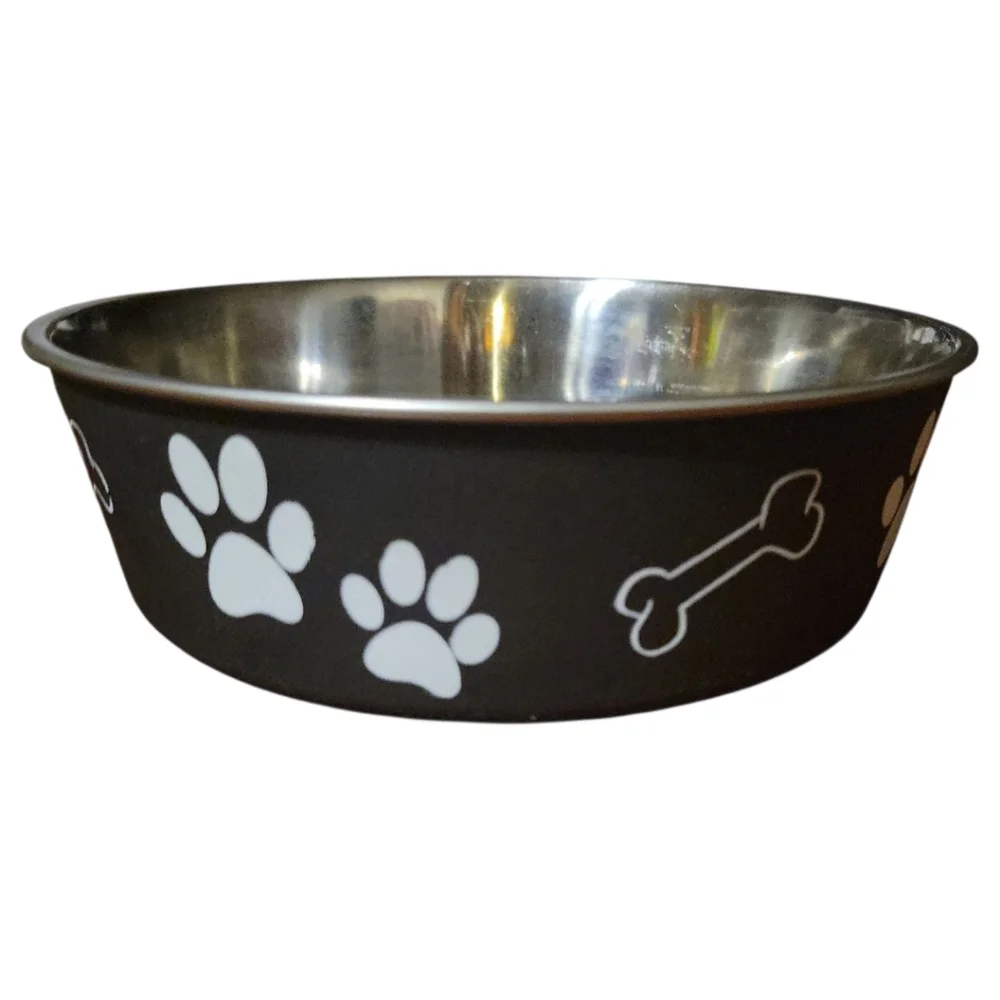 Pet Dog Cat Anti Skid STAINLESS STEEL Paw Prints Bones M 27 Oz Bella Bowl Rubber